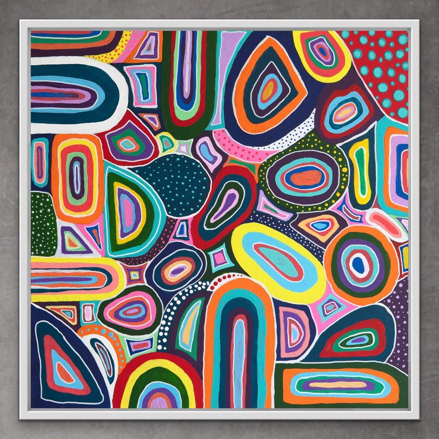 Color Squish original abstract folk art painting in white floating frame.