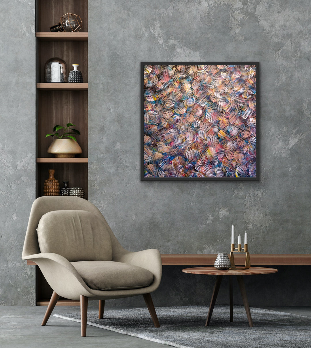 Colorful Dance large framed limited edition abstract painting displayed in a modern living room.