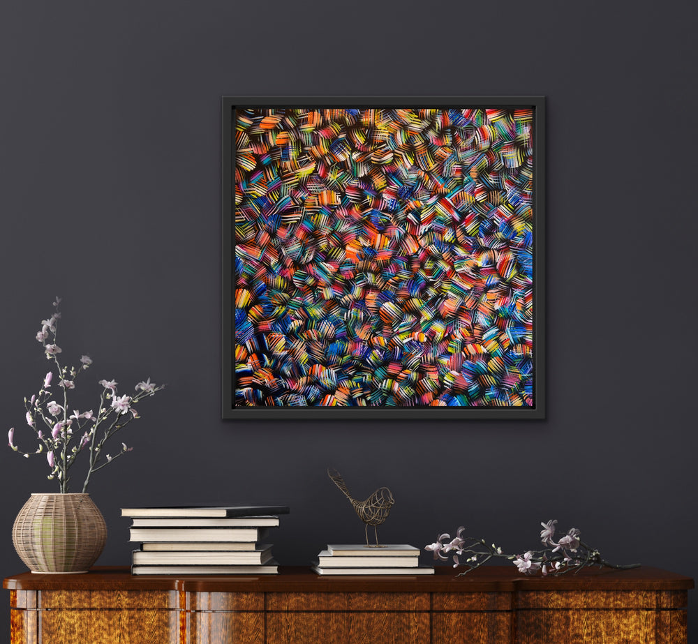 Whirling Rainbows original abstract painting displayed in a modern home.