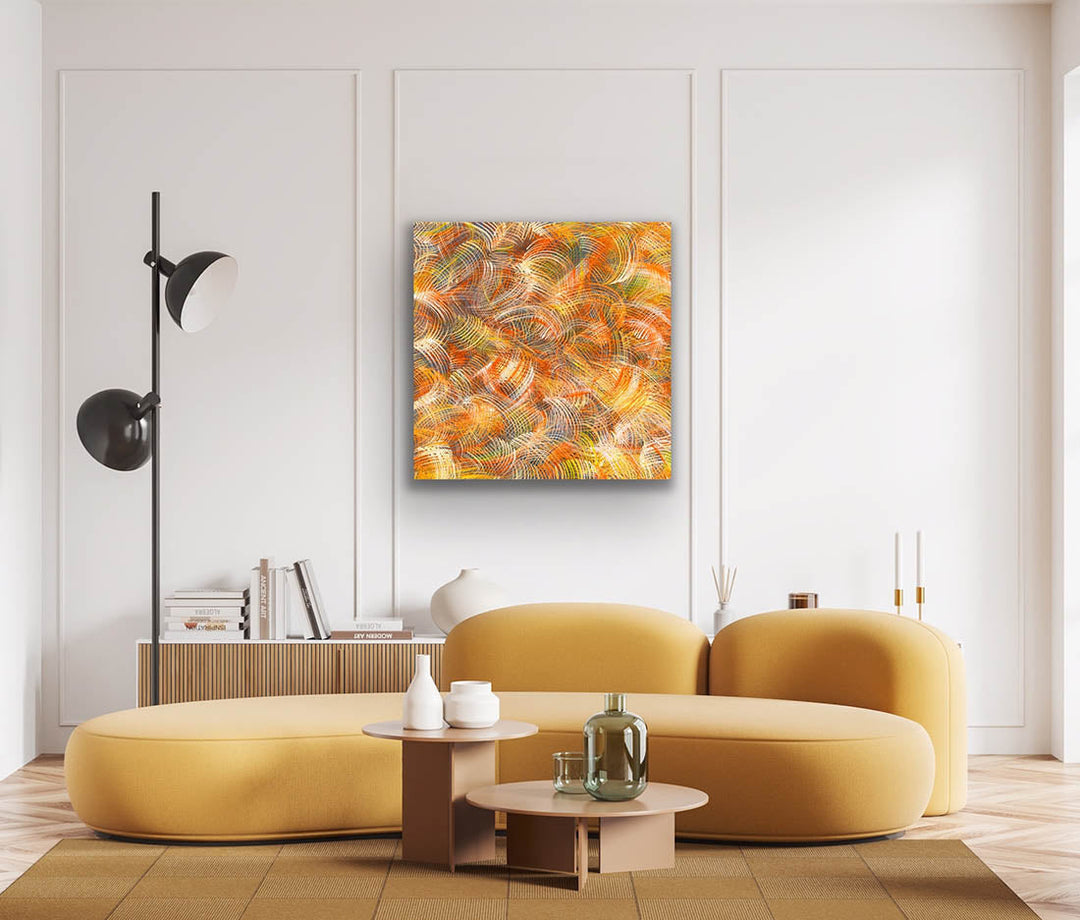 Bright energetic abstract art styled above sofa - Creatify Art Hub