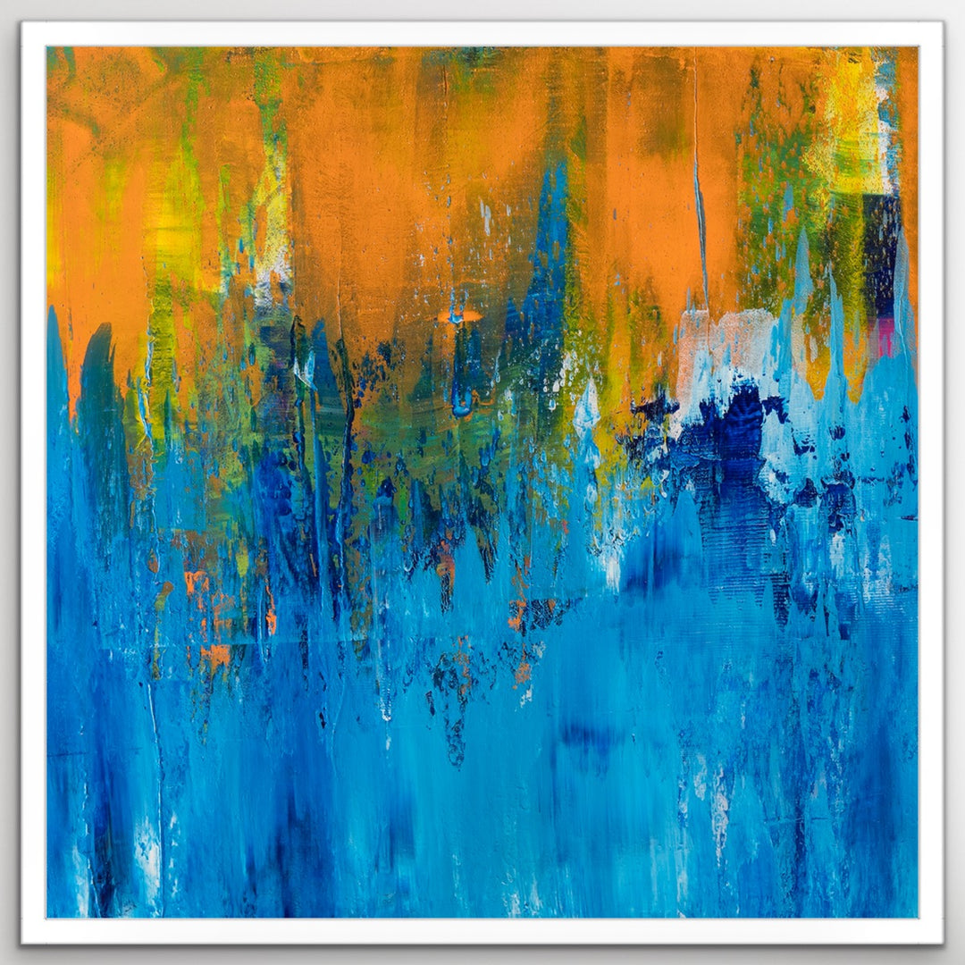 As the Day Ends abstract painting in a white wooden frame.