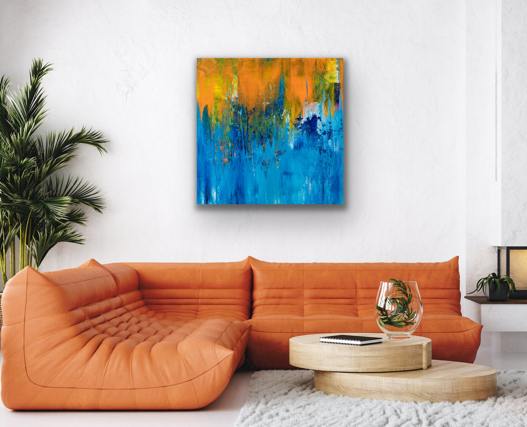 As the Day Ends abstract painting adding a burst of color to a modern living room.