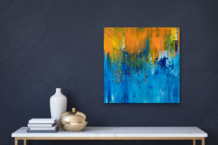 As the Day Ends abstract painting displayed on a wall in a modern home.