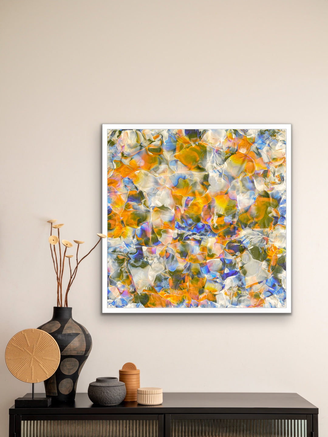 Color Splash colorful abstract painting framed and displayed in modern living space.