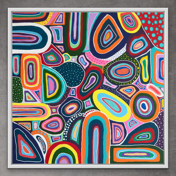 Color Squish original abstract folk art painting in white floating frame.