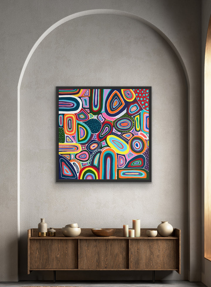 Color Squish large framed Limited Edition abstract painting adds a burst of color to a modern living space.