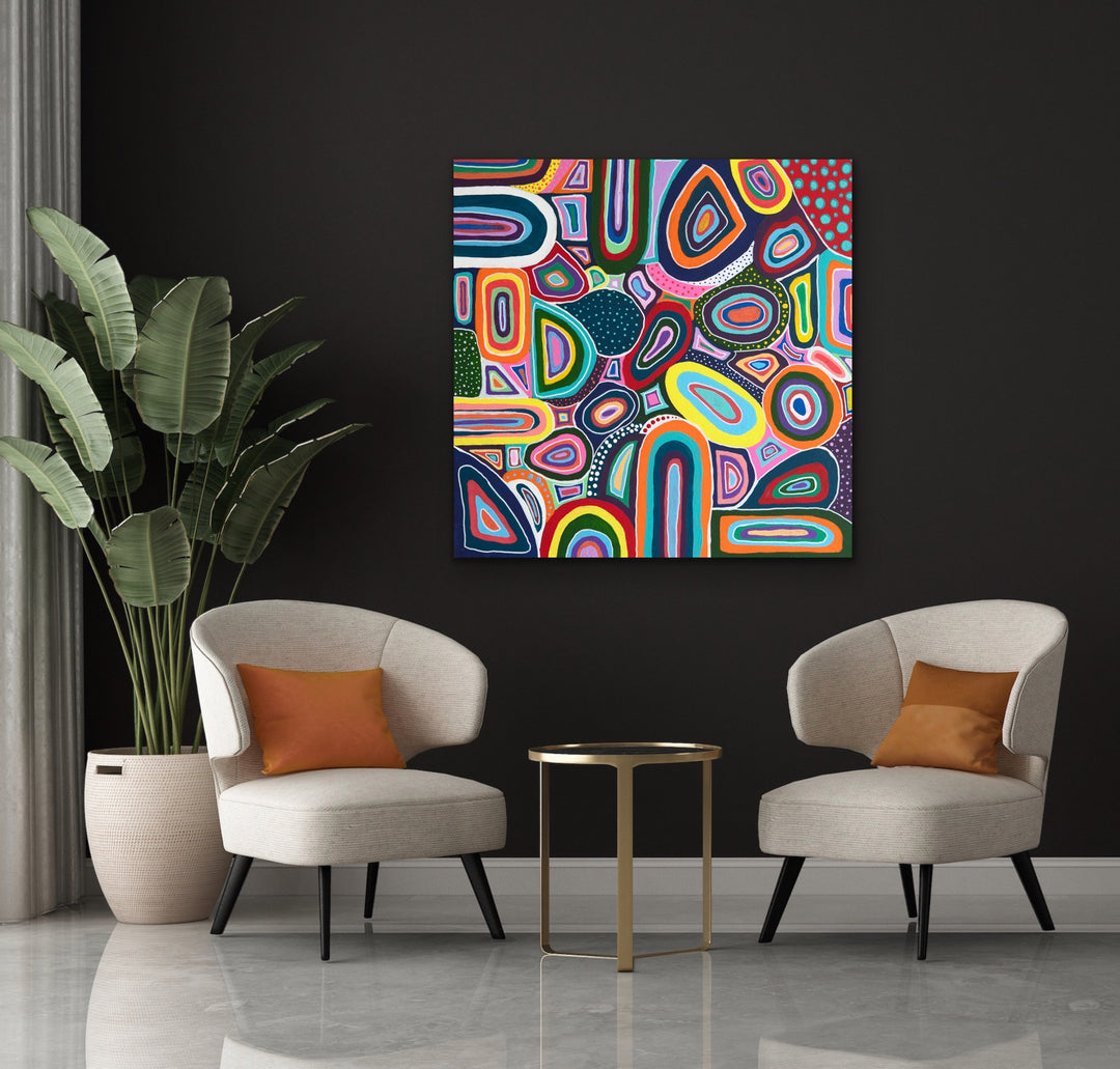 Color Squish Limited Edition large abstract painting displayed in modern living room.