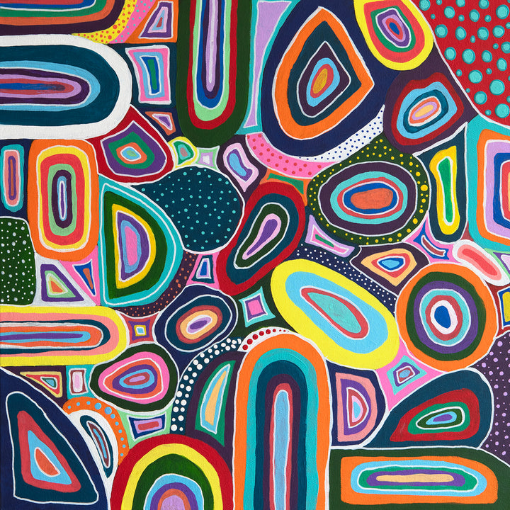 Color Squish original folk art painting close up.