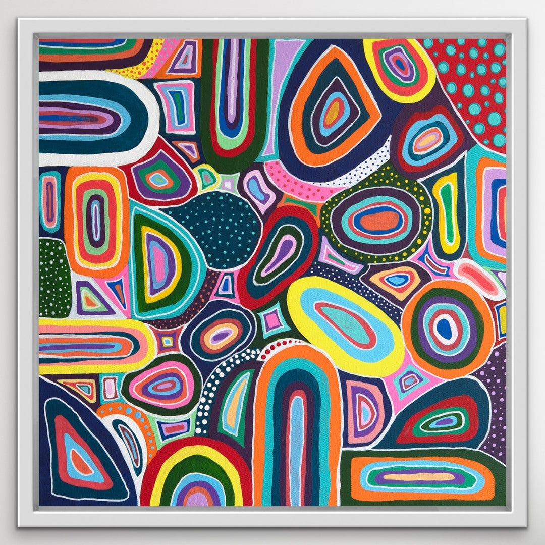 Color Squish original framed folk art abstract painting in white floating frame.