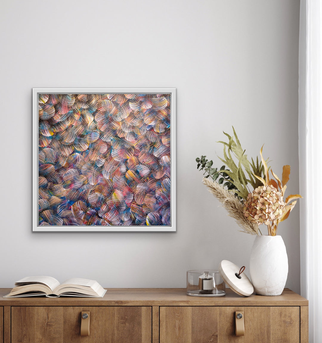 Colorful Dance original abstract painting displayed in modern home.