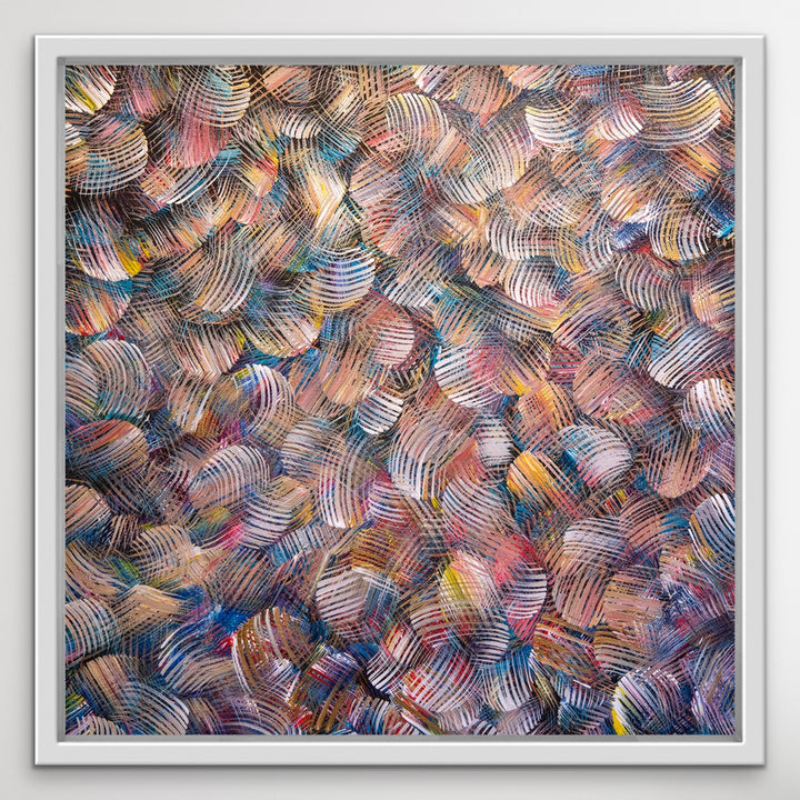 Colorful Dance original abstract painting in white wooden floater frame.