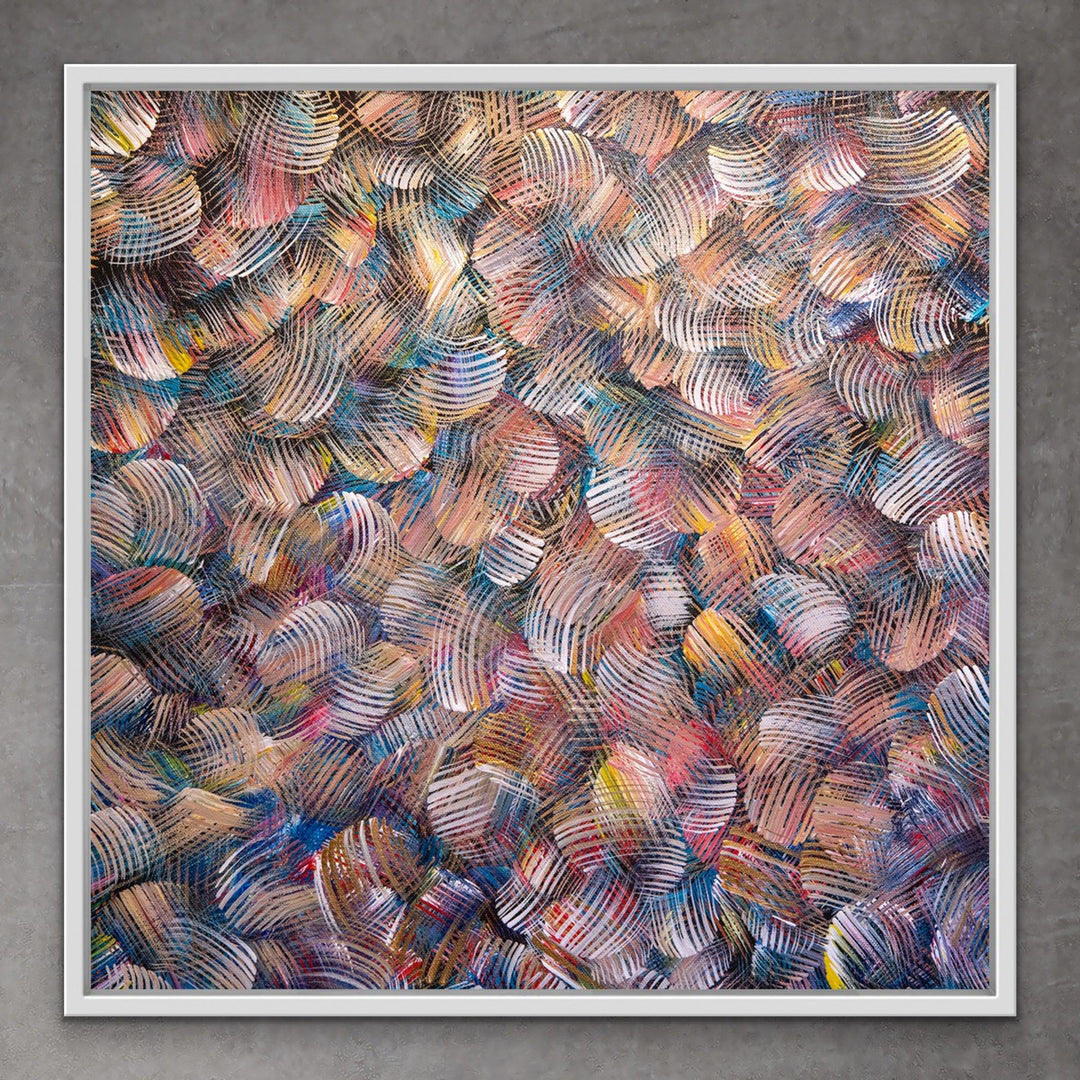 Colorful Dance original abstract painting in white floating frame.