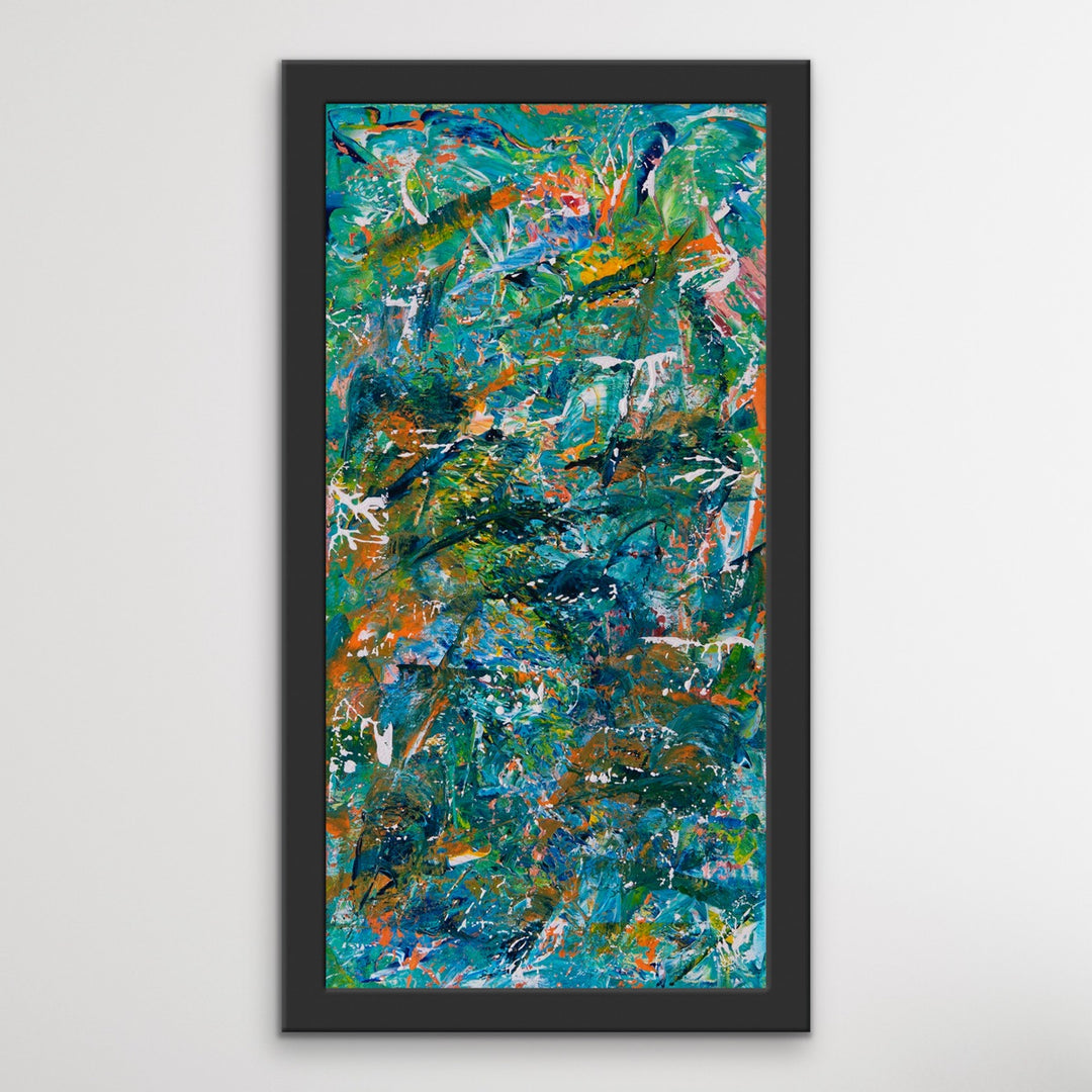 Colorful Rapids abstract painting in a black wooden frame.