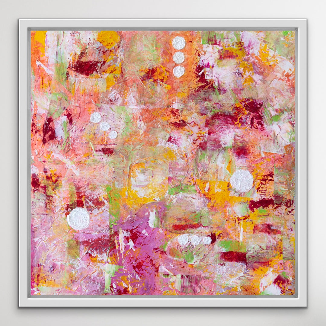 Endless Sunrise original abstract painting in a white wooden floating frame.