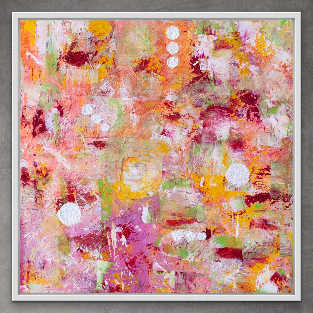 Endless Sunrise original abstract painting in a white wooden floating frame.