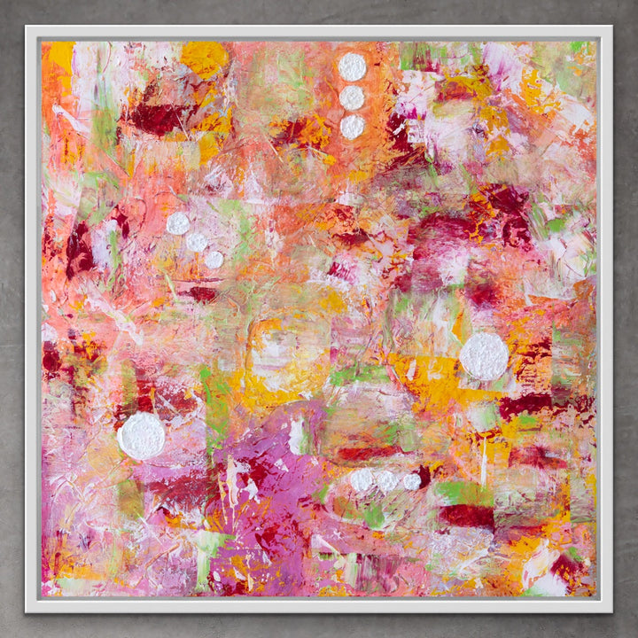 Endless Sunrise original abstract painting in a white wooden floating frame.