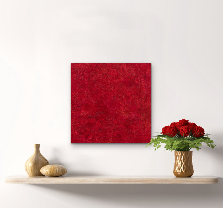 Exuberant Red original abstract painting displayed in a modern living space.