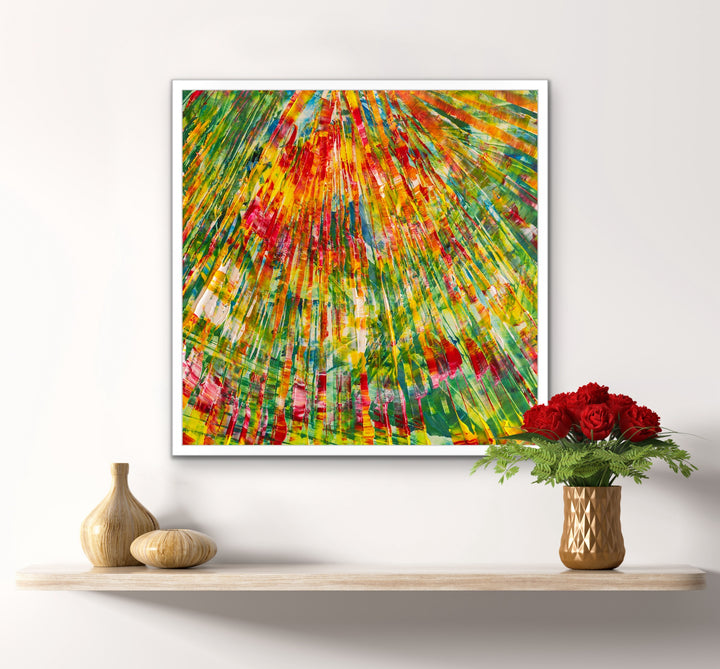 Happiness colorful abstract painting wall decor above shelf.