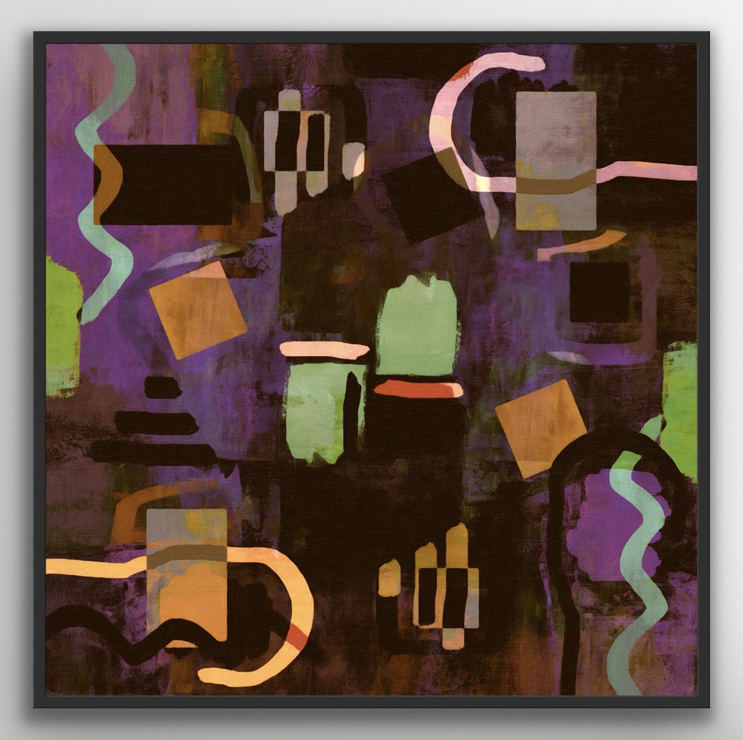 Mismatched Symmetry abstract painting in black wooden frame.