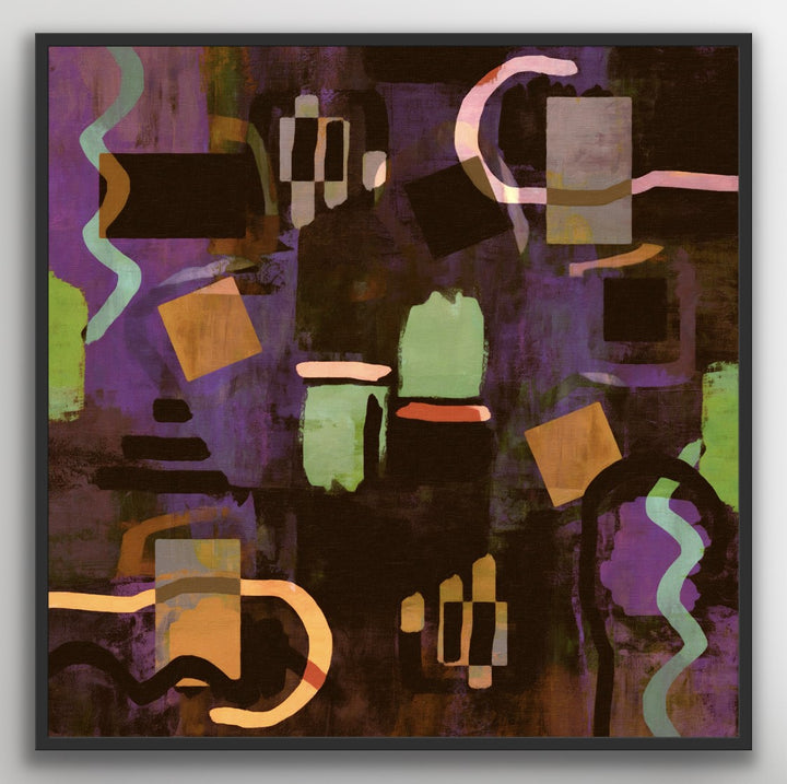 Mismatched Symmetry abstract painting in black wooden frame.