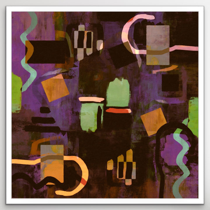 Mismatched Symmetry abstract painting in white wooden frame.