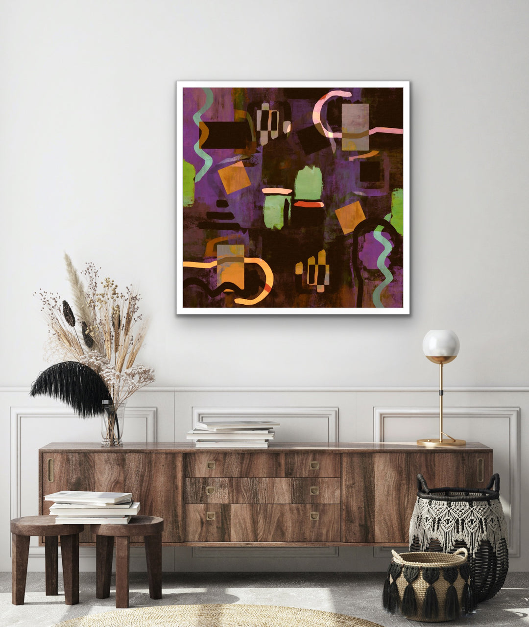 Mismatched Symmetry large framed abstract painting displayed in a modern living space.