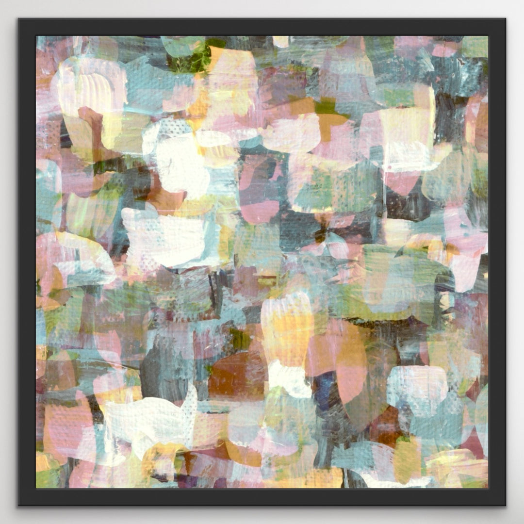 Black framed abstract fine art print in teal, yellow, cream and pink colors. Giclee print of a hand-painted abstract painting.