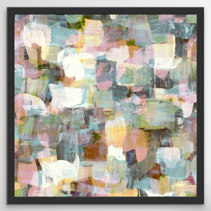Black framed abstract fine art print in teal, yellow, cream and pink colors. Giclee print of a hand-painted abstract painting.