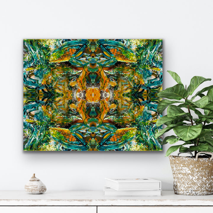 Synchronized Dreams symmetrical abstract painting adding a burst of color to a modern living space.
