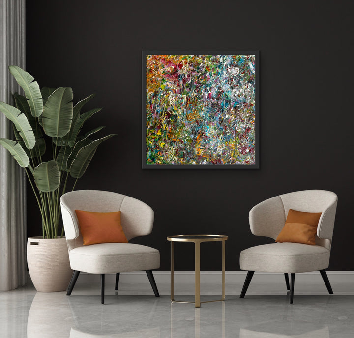 When the Colors Come Out to Play framed Limited Edition abstract painting displayed in a modern living room.