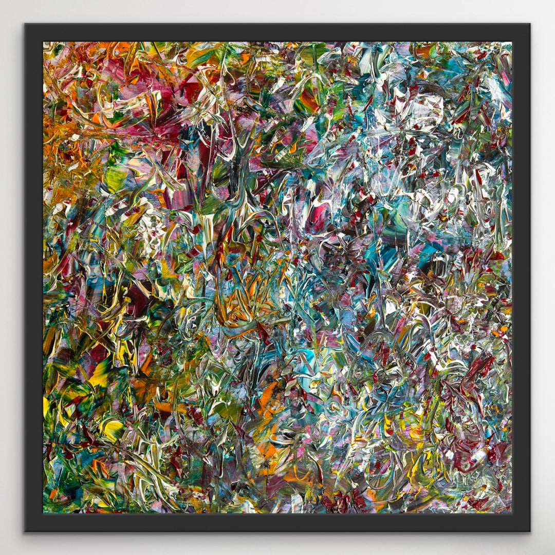 When the Colors Come Out to Play Limited Edition abstract painting in a black wooden frame.
