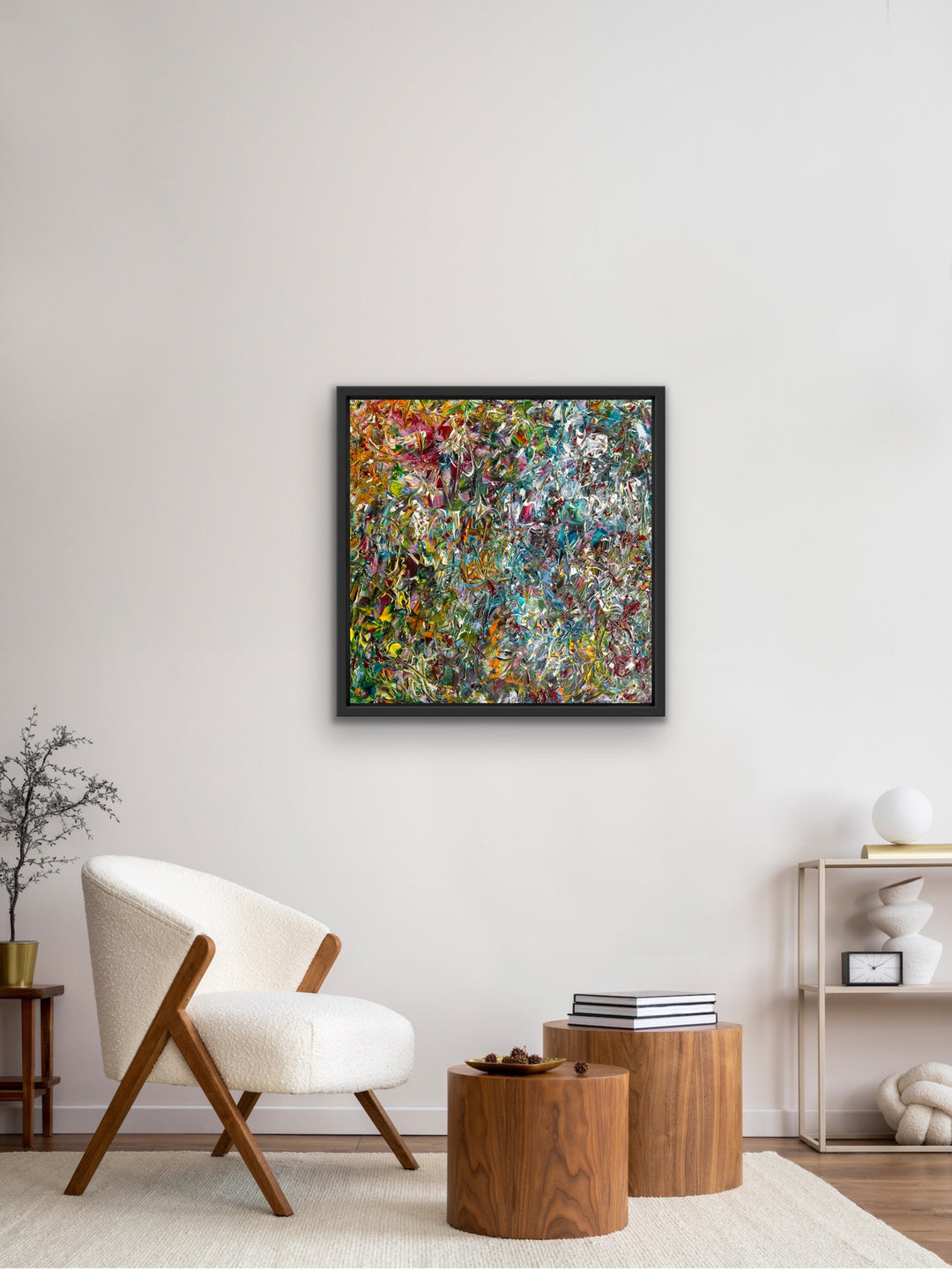 When the Colors Come out to Play framed abstract painting displayed in modern living space.