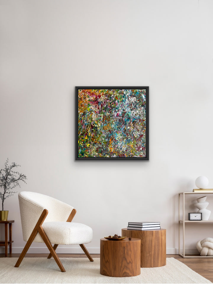 When the Colors Come out to Play framed abstract painting displayed in modern living space.