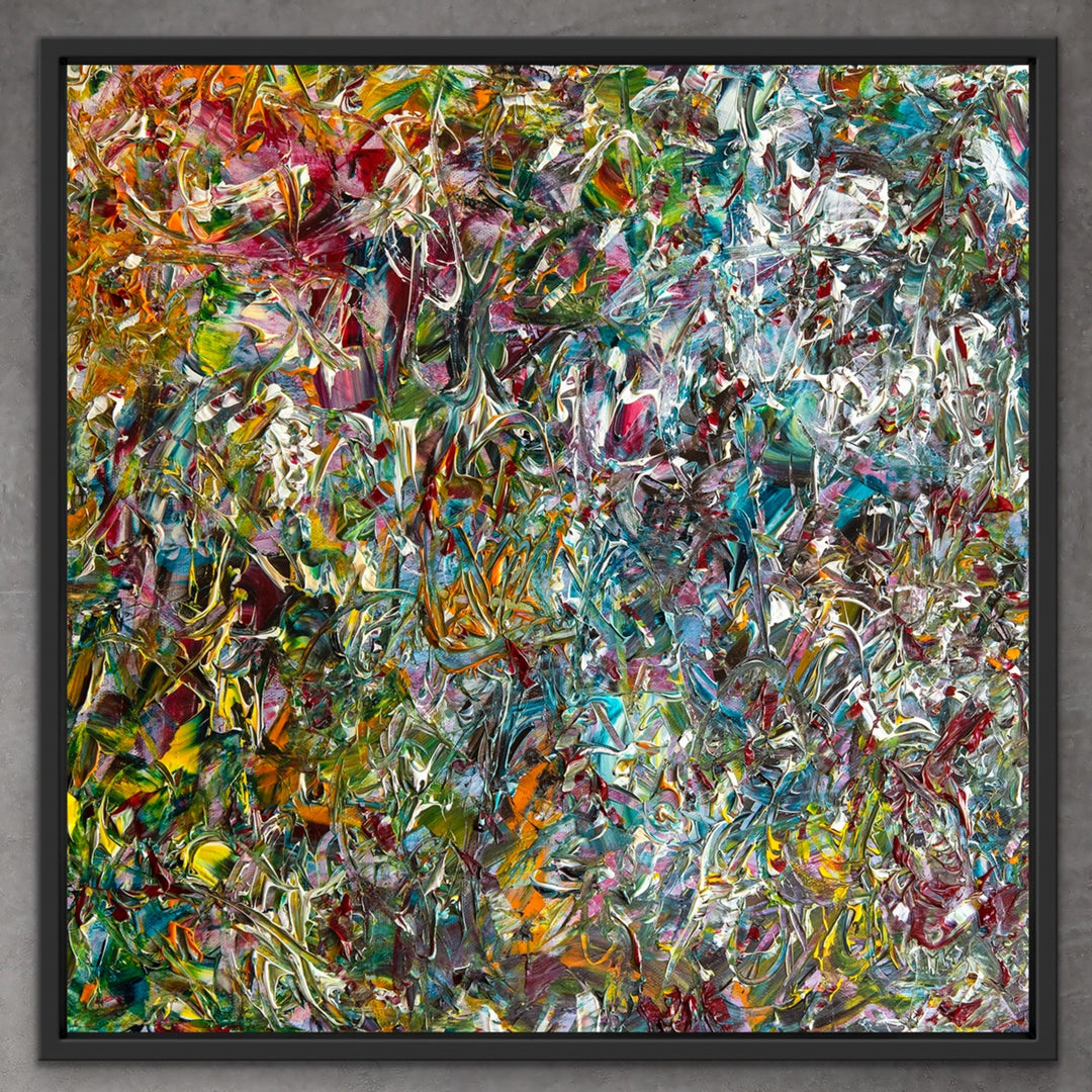 When the Colors Come Out to Play original art framed with a black wooden floating frame.