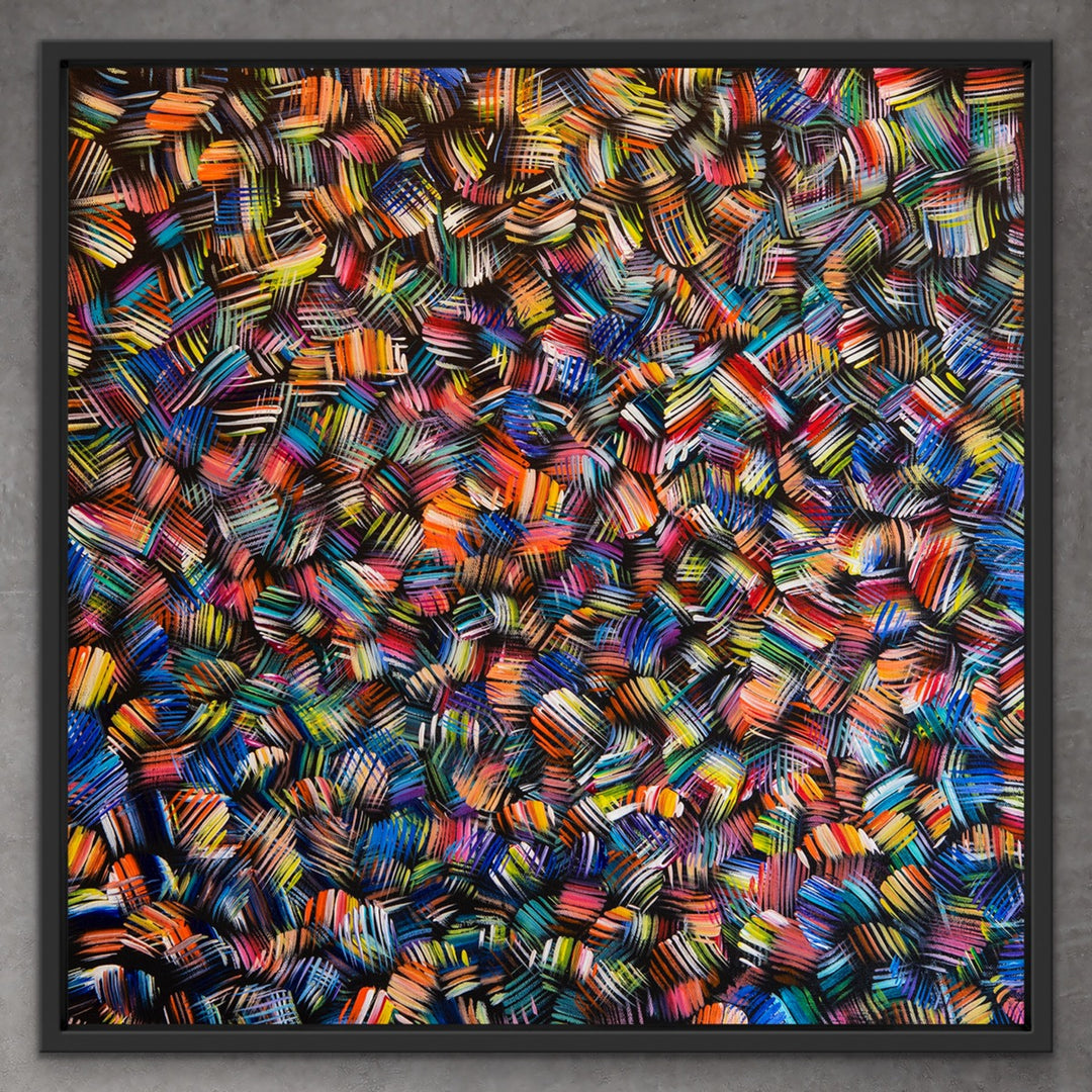 Whirling Rainbows original abstract painting in a black wooden floating frame.