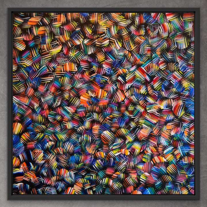 Whirling Rainbows original abstract painting in a black wooden floating frame.