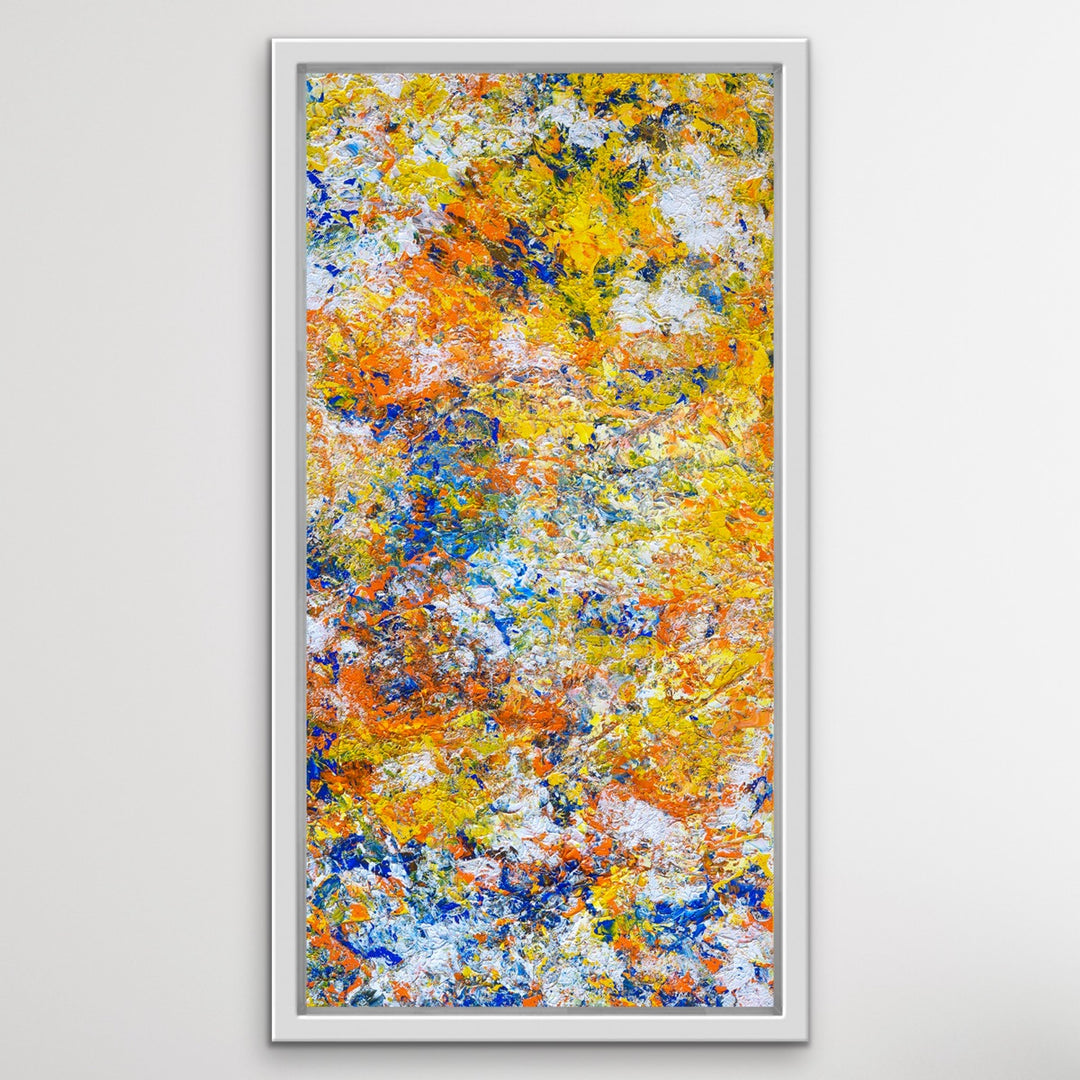 Yellow Tango original abstract painting in a white wooden floating frame.