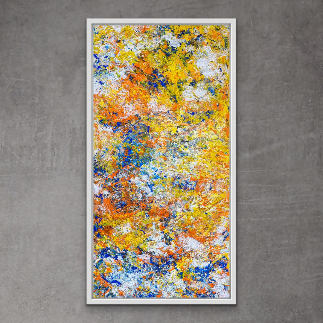 Yellow Tango original abstract painting in white frame.