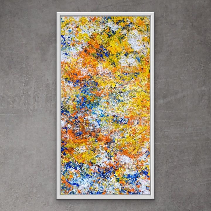 Yellow Tango original abstract painting in white frame.