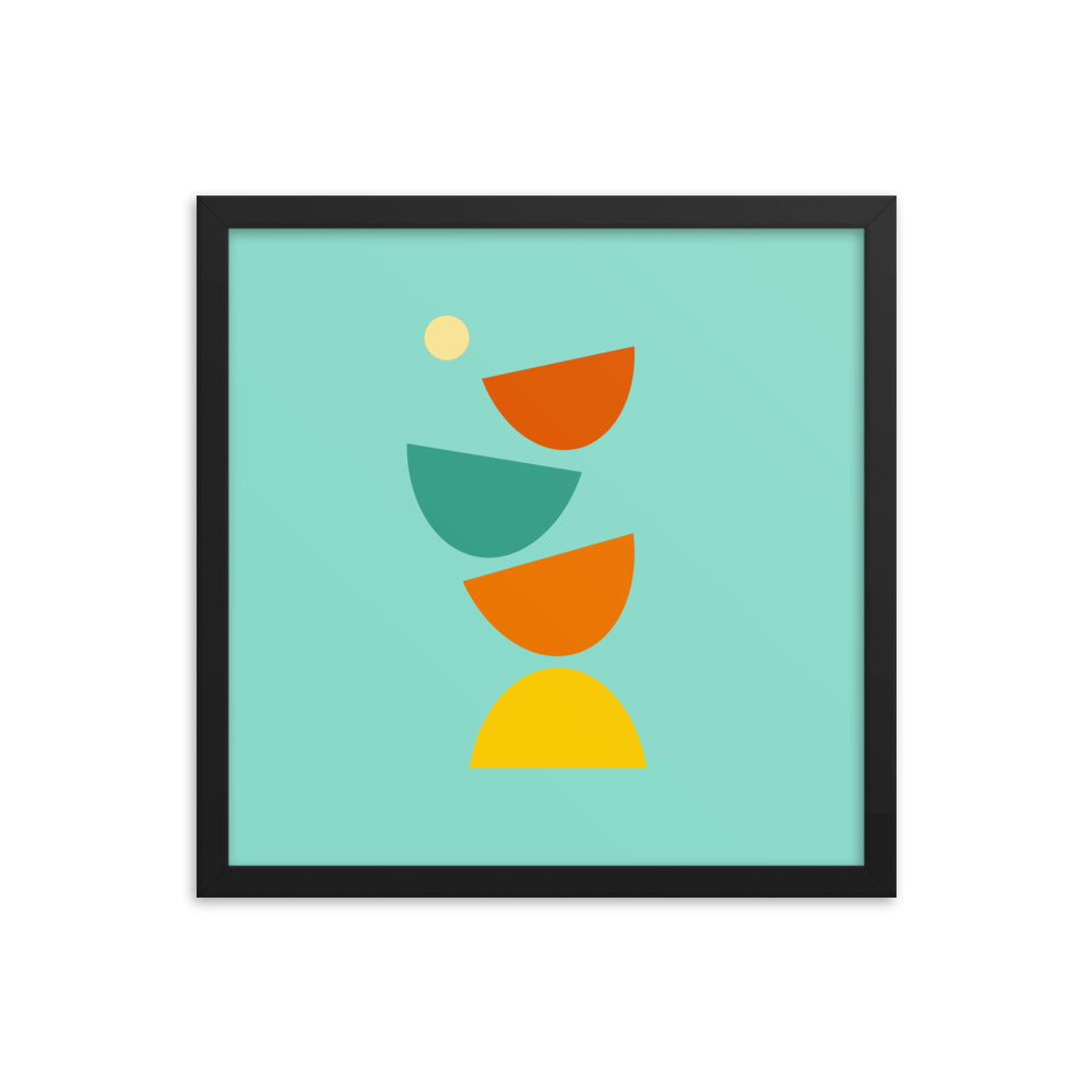Hand drawn digital art. Minimalist black framed poster in bright colors with geometric shapes