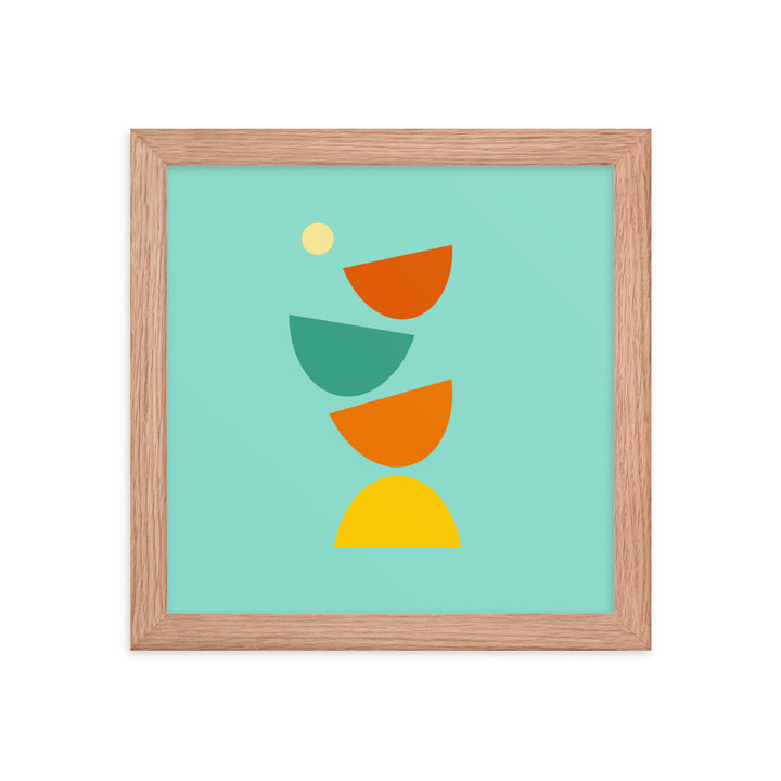 Hand drawn digital art. Minimalist red oak framed poster in bright colors with geometric shapes that are flying apart.