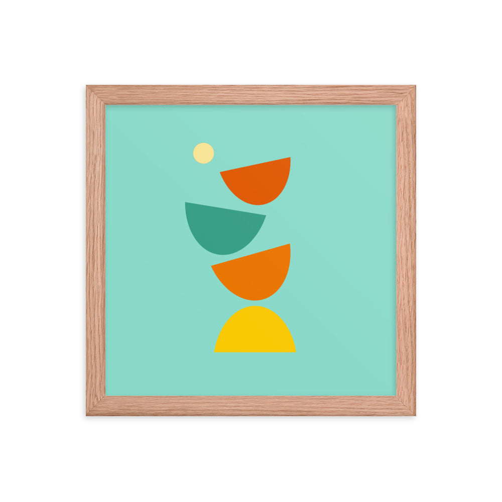 Hand drawn digital art.   Minimalist red oak wood framed poster in brightly colored geometric shapes that look like they are flying apart.
