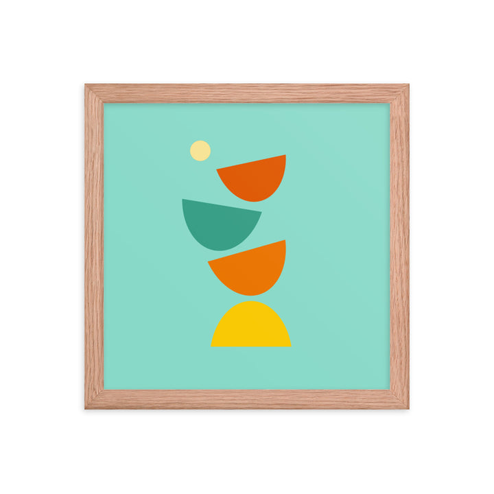 Hand drawn digital art.   Minimalist red oak wood framed poster in brightly colored geometric shapes that look like they are flying apart.