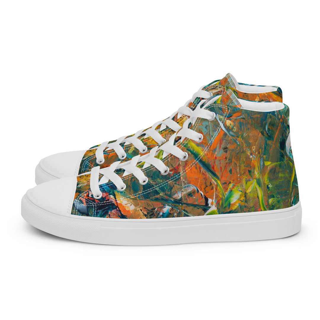 Abstract painted women’s high top canvas shoes. "Jungle Dance"