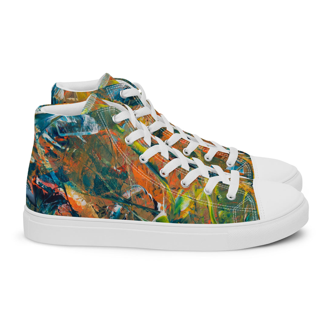 Women's high top canvas shoes printed with a unique original abstract painting.  Brightly colored shoes with white accents.