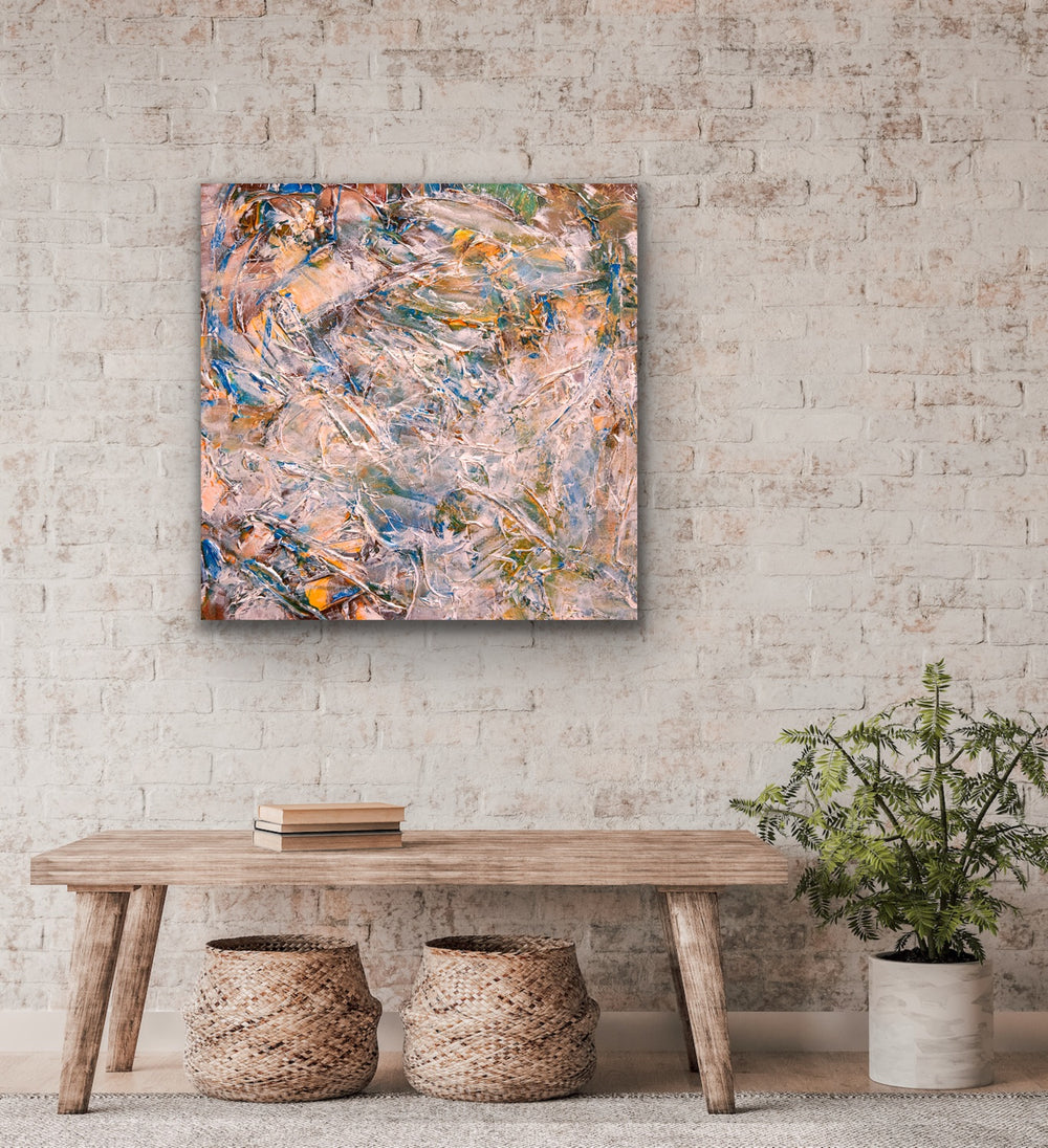 Colors in the mist abstract painting in a modern living space.