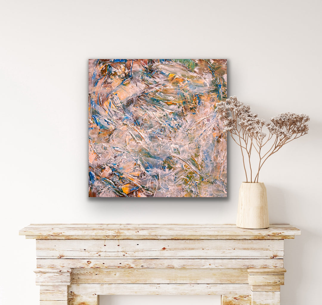 Colors in the mist abstract painting displayed on wall.