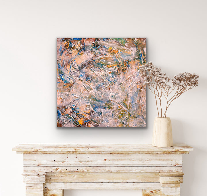 Colors in the mist abstract painting displayed on wall.
