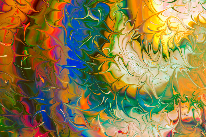 Fluid Sun colorful abstract painting up close.