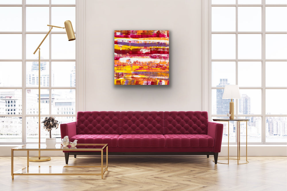 Sunset colorful abstract painting displayed in living room